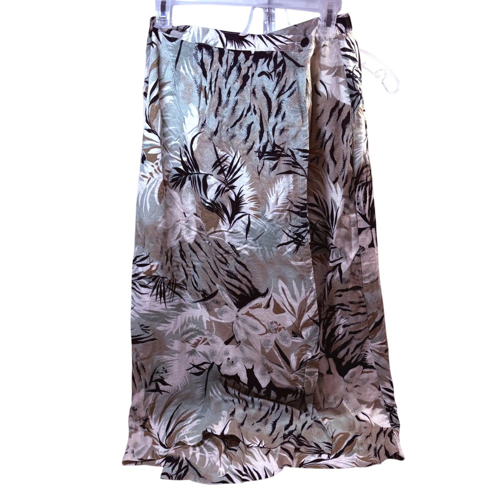 Ship n Shore Vintage 90s Tropical Floral Midi Skirt Sage Green Tan Medium USA